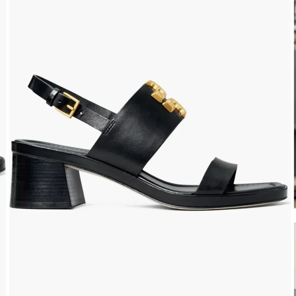 Brand New 💜 Tory Burch Black and Gold Block Heel Sandals - Picture 4 of 13